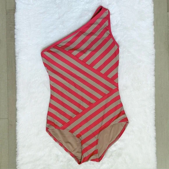 DKNY 8 One Shoulder Striped One Piece Swimsuit • Coral Nude Stripe • D63313 - Picture 2 of 10